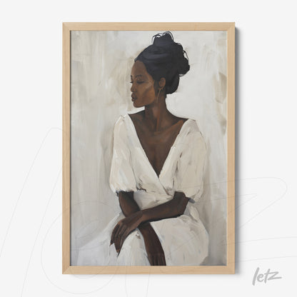 quadro com retrato de mulher negra em vestido branco, moldura de madeira clara