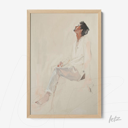 quadro com retrato artístico de homem sentado em pose contemplativa, moldura de madeira clara