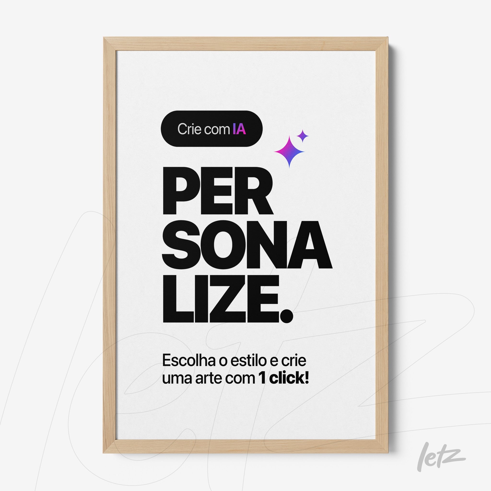quadro em moldura de madeira clara com fundo branco e texto em tipografia moderna em preto e roxo