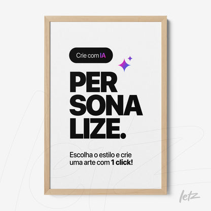 quadro em moldura de madeira clara com fundo branco e texto em tipografia moderna em preto e roxo
