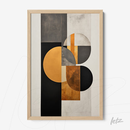 quadro com arte geométrica em tons de preto, branco e dourado, com moldura de madeira clara