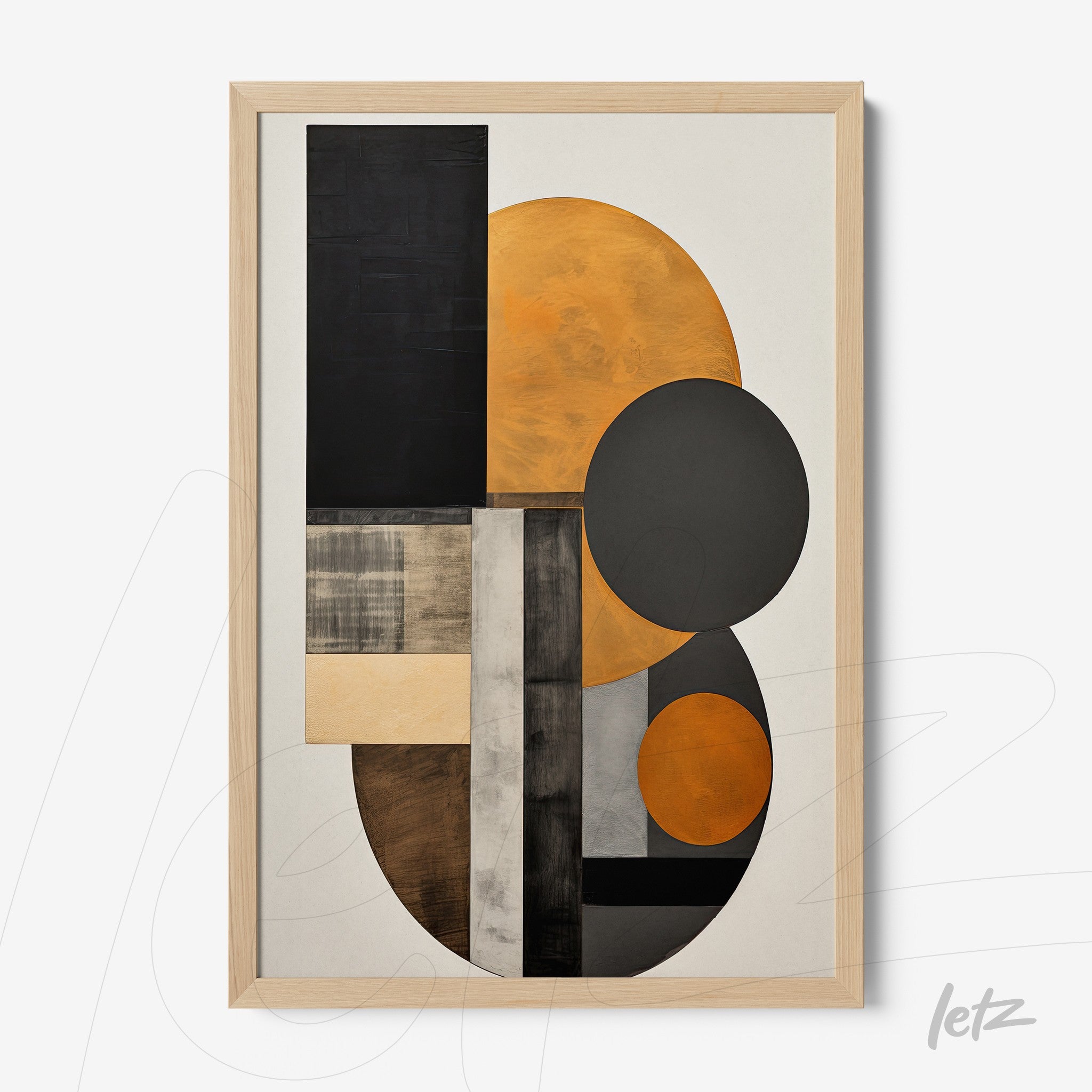 quadro com arte abstrata em tons de laranja e preto, moldura de madeira clara