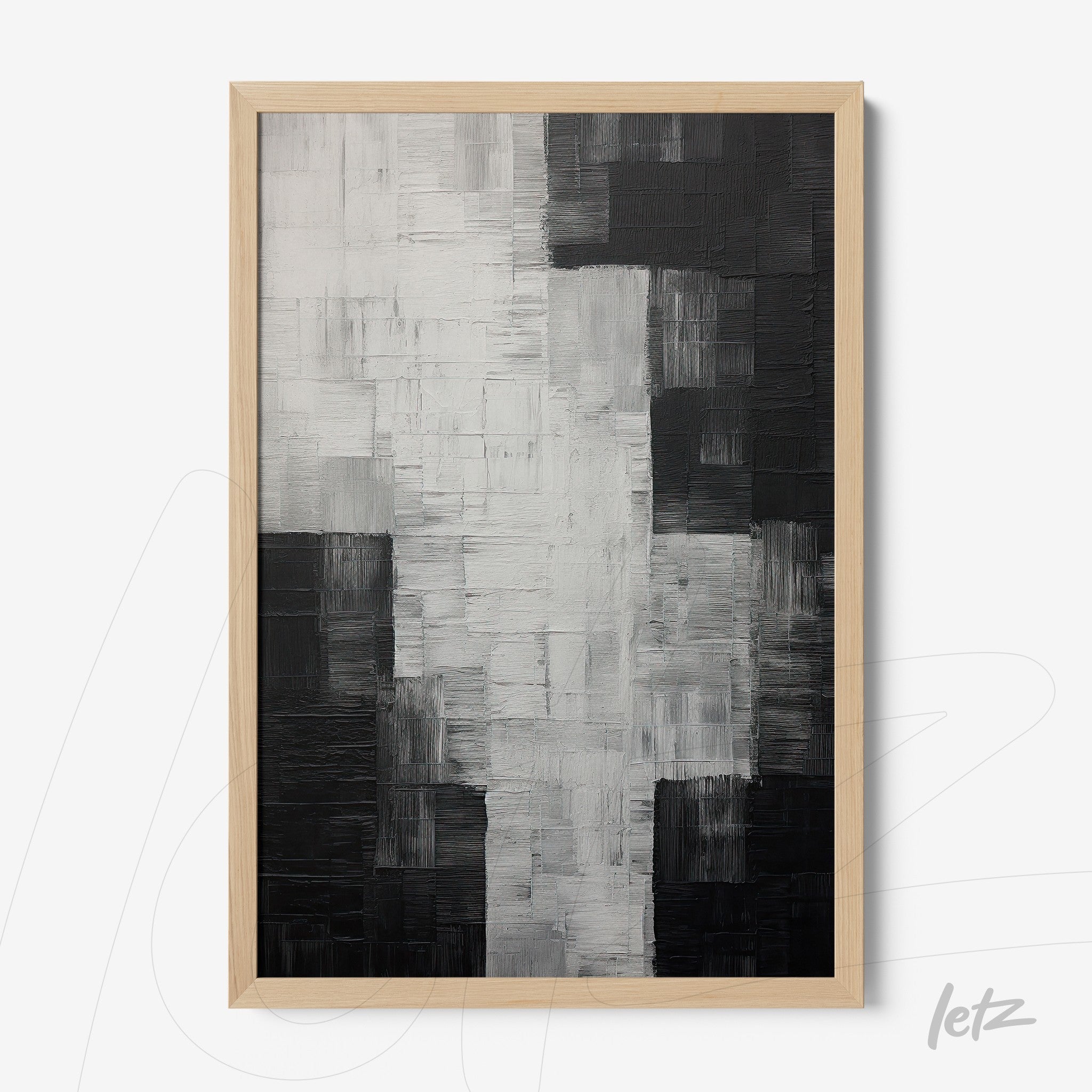 quadro abstrato em preto e branco com textura em relevo em moldura de madeira clara