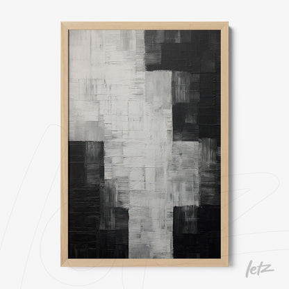 quadro abstrato em preto e branco com textura em relevo em moldura de madeira clara