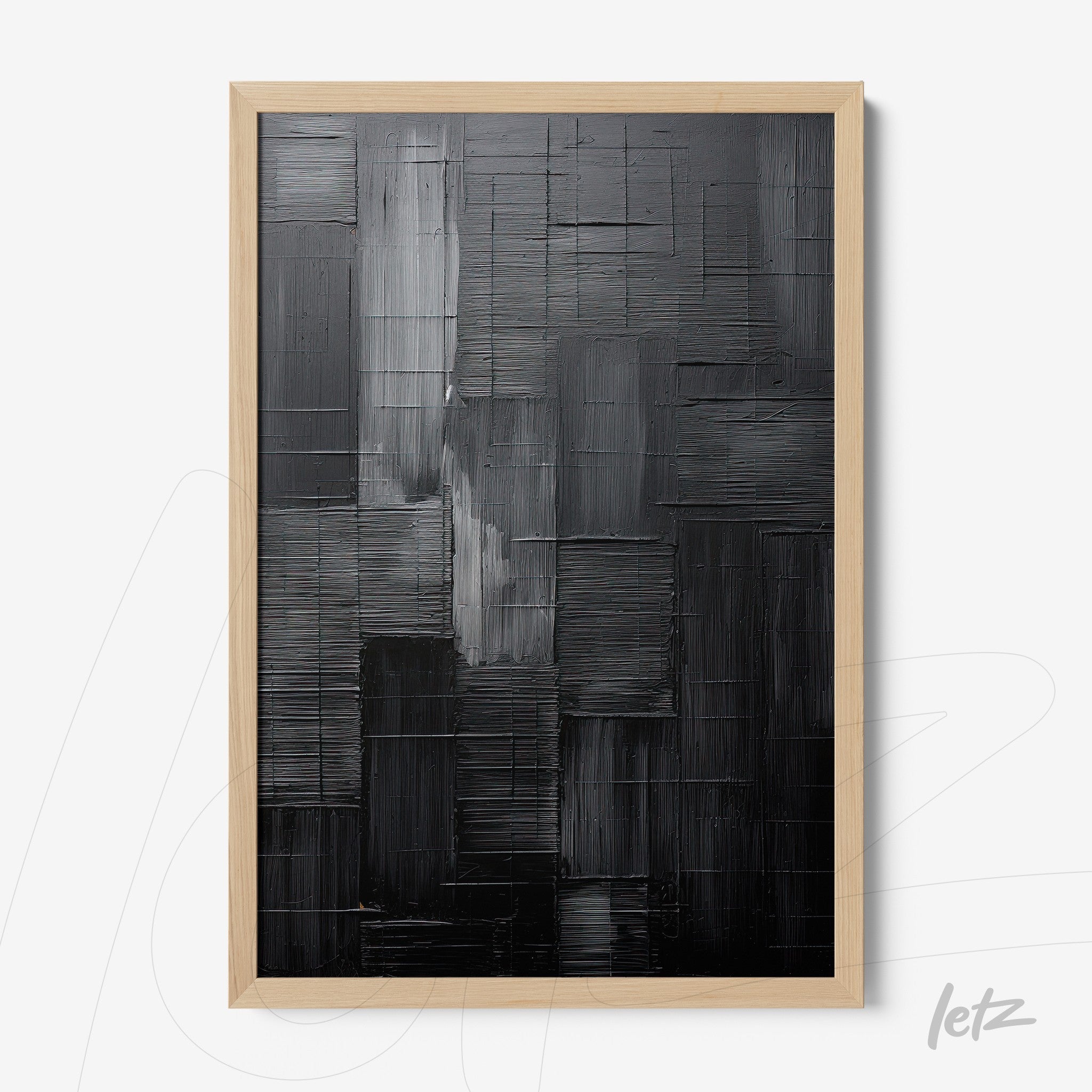 quadro moderno com textura abstrata em tons de preto em moldura clara de madeira