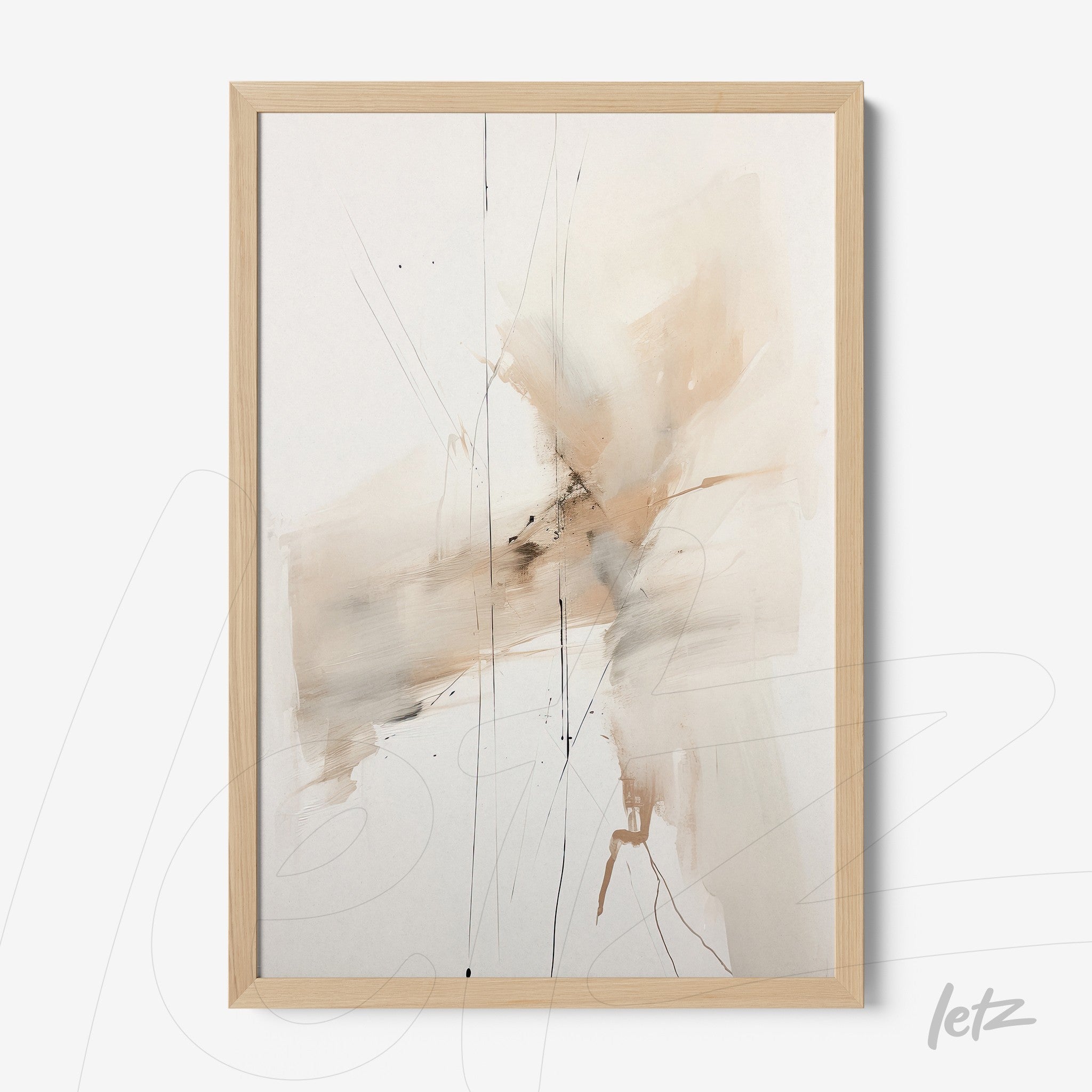 quadro com arte abstrata em tons de bege e cinza, envolto em moldura de madeira clara