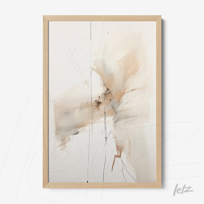 quadro com arte abstrata em tons de bege e cinza, envolto em moldura de madeira clara