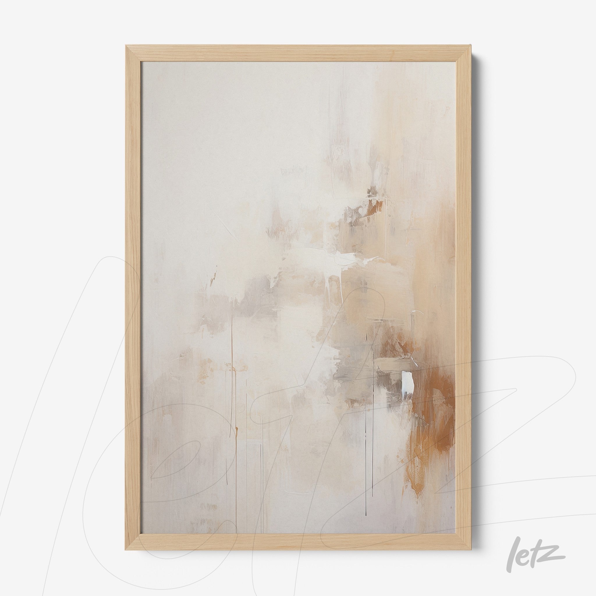 quadro abstrato com tonalidades suaves de bege e marrom em moldura de madeira clara