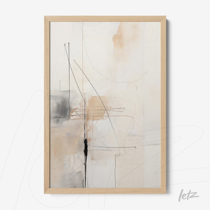 quadro com arte abstrata em tons neutros, com traços em preto e fundo claro, em moldura de madeira clara