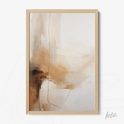 quadro abstrato com tons terrosos e composição fluida em moldura de madeira clara