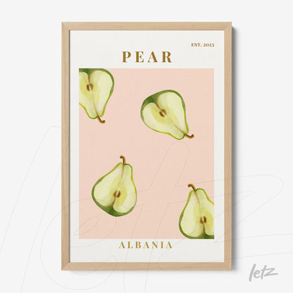 quadro com ilustração de peras em fundo rosa, moldura de madeira clara e texto 'PEAR' na parte superior