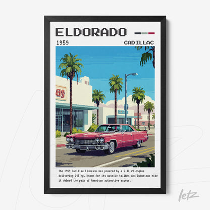 quadro com arte em estilo pixelado de um Cadillac Eldorado de 1959 em uma rua ensolarada com palmeiras e prédios ao fundo, moldura preta
