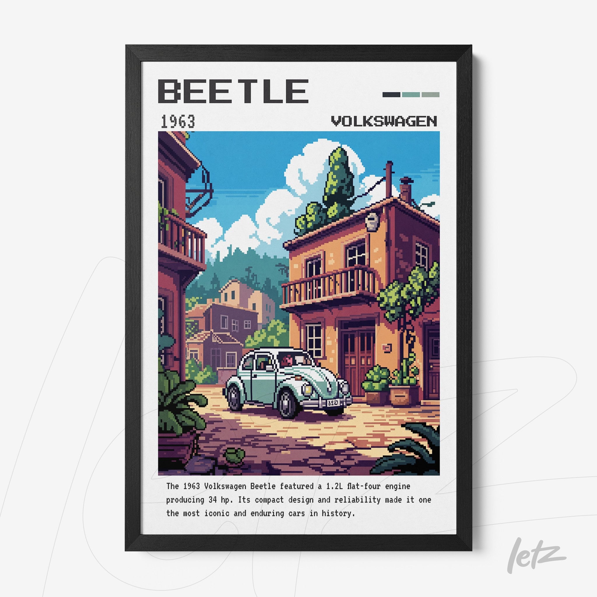 quadro com arte digital do carro Volkswagen Beetle de 1963 em estilo pixel art, moldura preta, apresentado em ambiente urbano