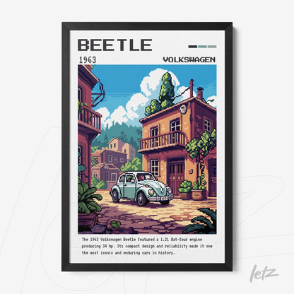 quadro com arte digital do carro Volkswagen Beetle de 1963 em estilo pixel art, moldura preta, apresentado em ambiente urbano