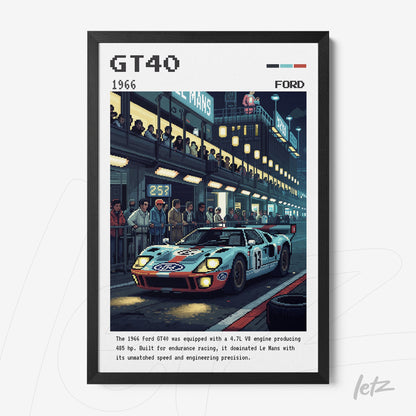 quadro com arte digital do carro Ford GT40 de 1966 em moldura preta, com fundo da corrida das 24 Horas de Le Mans