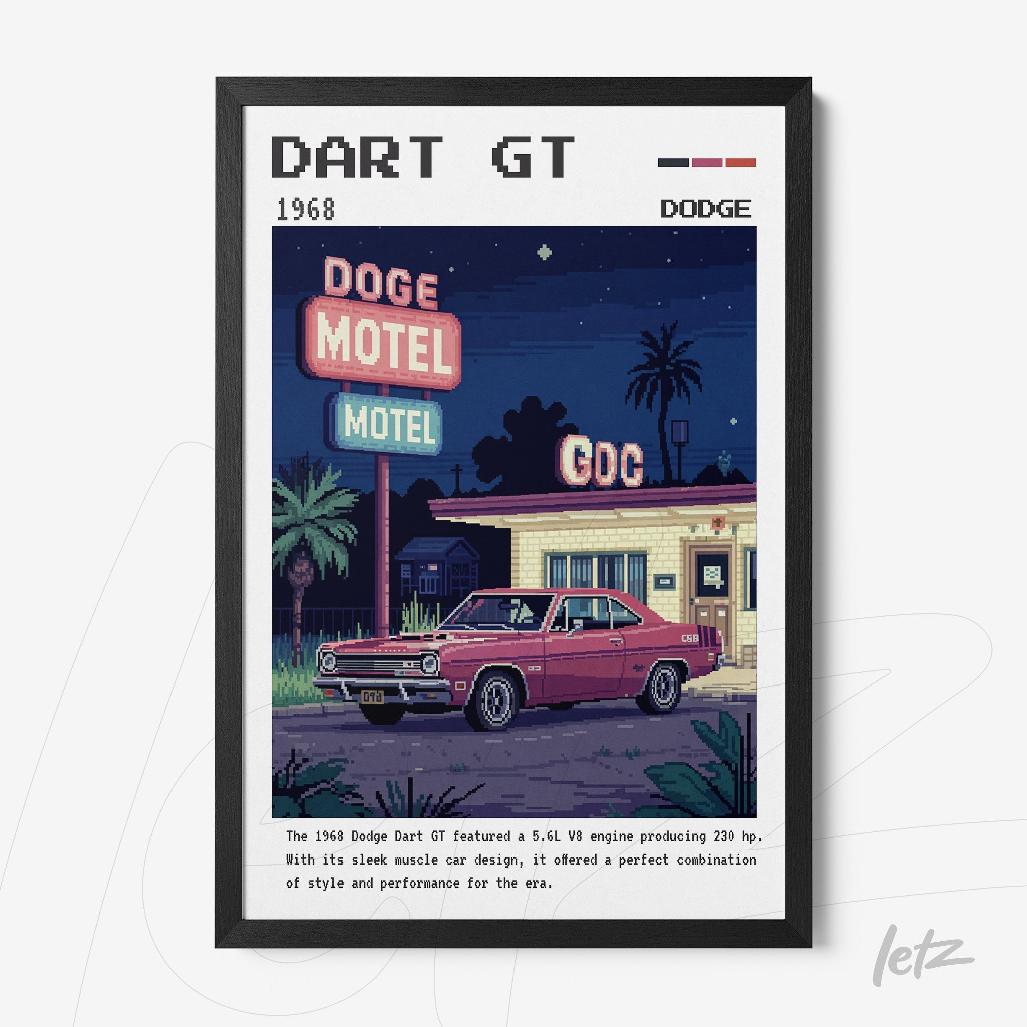 quadro com ilustração retrô de um Dodge Dart GT 1968 estacionado em frente a um motel iluminado, moldura preta
