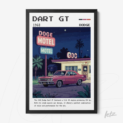 quadro com ilustração retrô de um Dodge Dart GT 1968 estacionado em frente a um motel iluminado, moldura preta