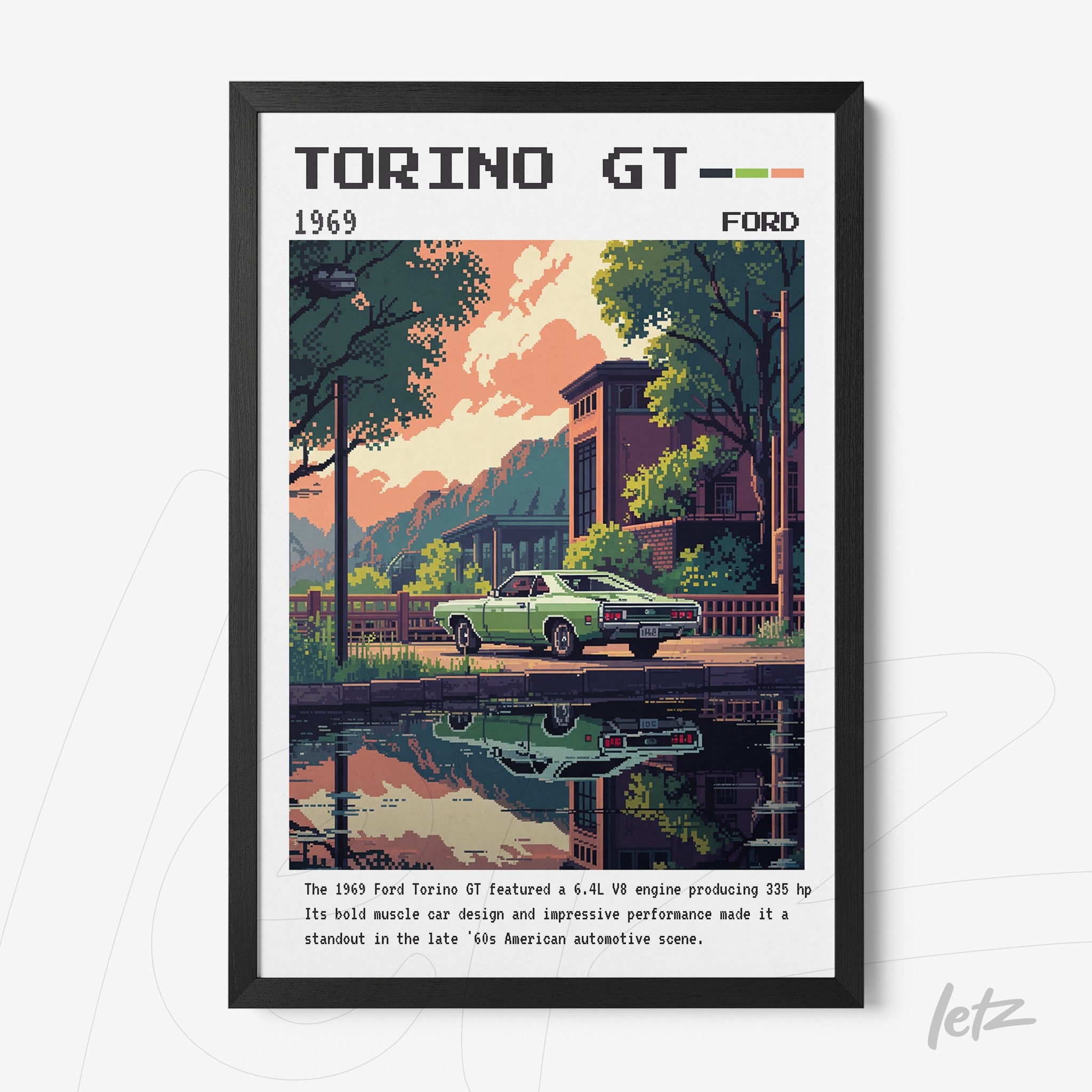 quadro com arte digital do Ford Torino GT de 1969 em moldura preta, refletindo em água tranquila