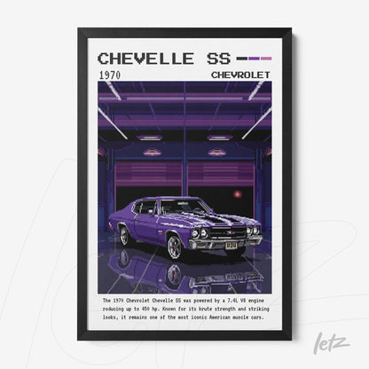 quadro com arte em pixel art do carro Chevrolet Chevelle SS de 1970 em moldura preta