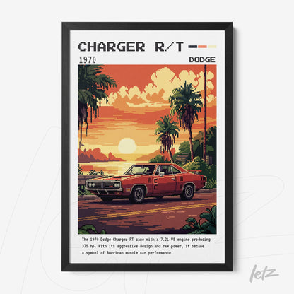 quadro com arte retrô de um Dodge Charger R/T 1970 em cenário tropical, moldura preta