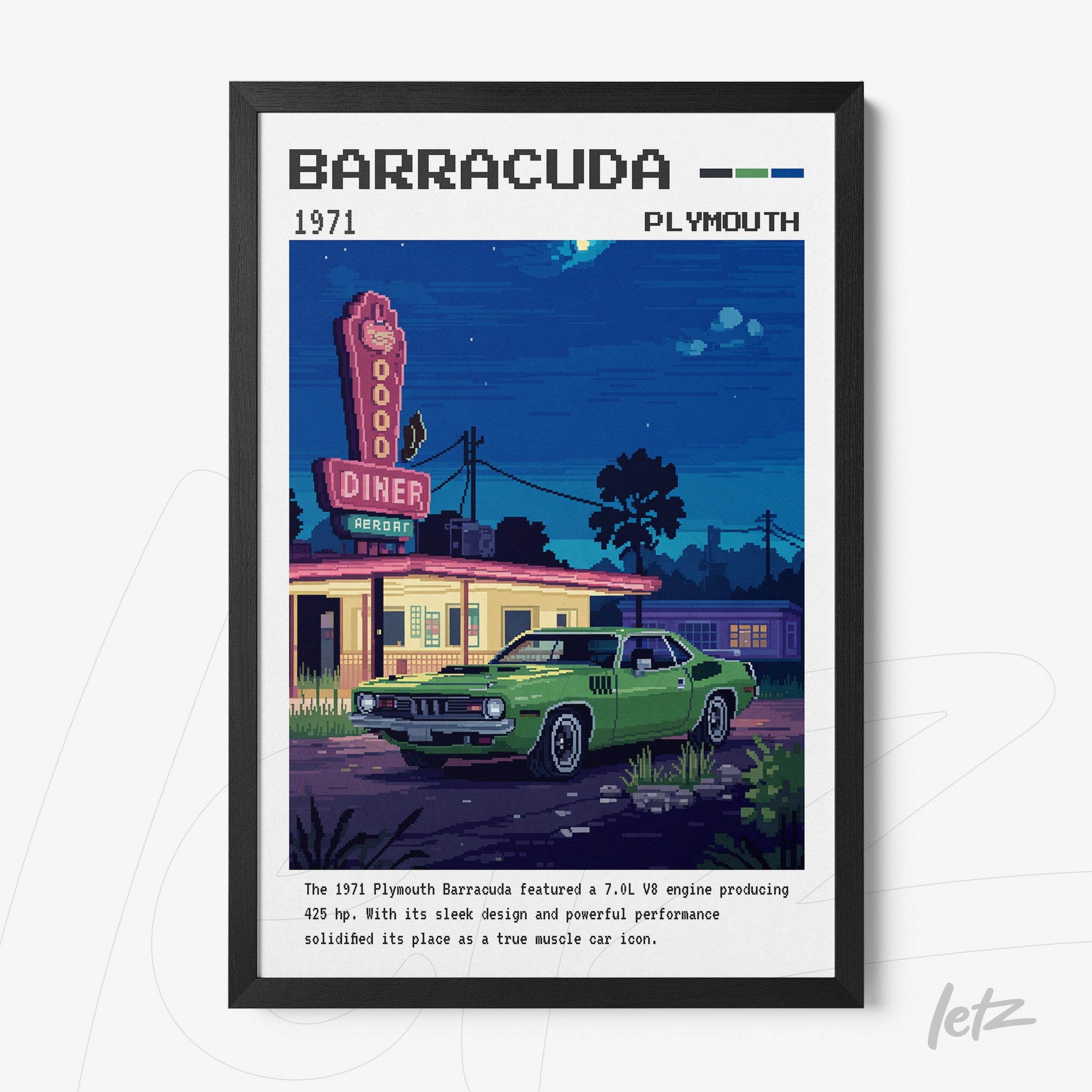 quadro com arte digital de um carro Plymouth Barracuda verde em frente a um diner em estilo retrô, moldura preta