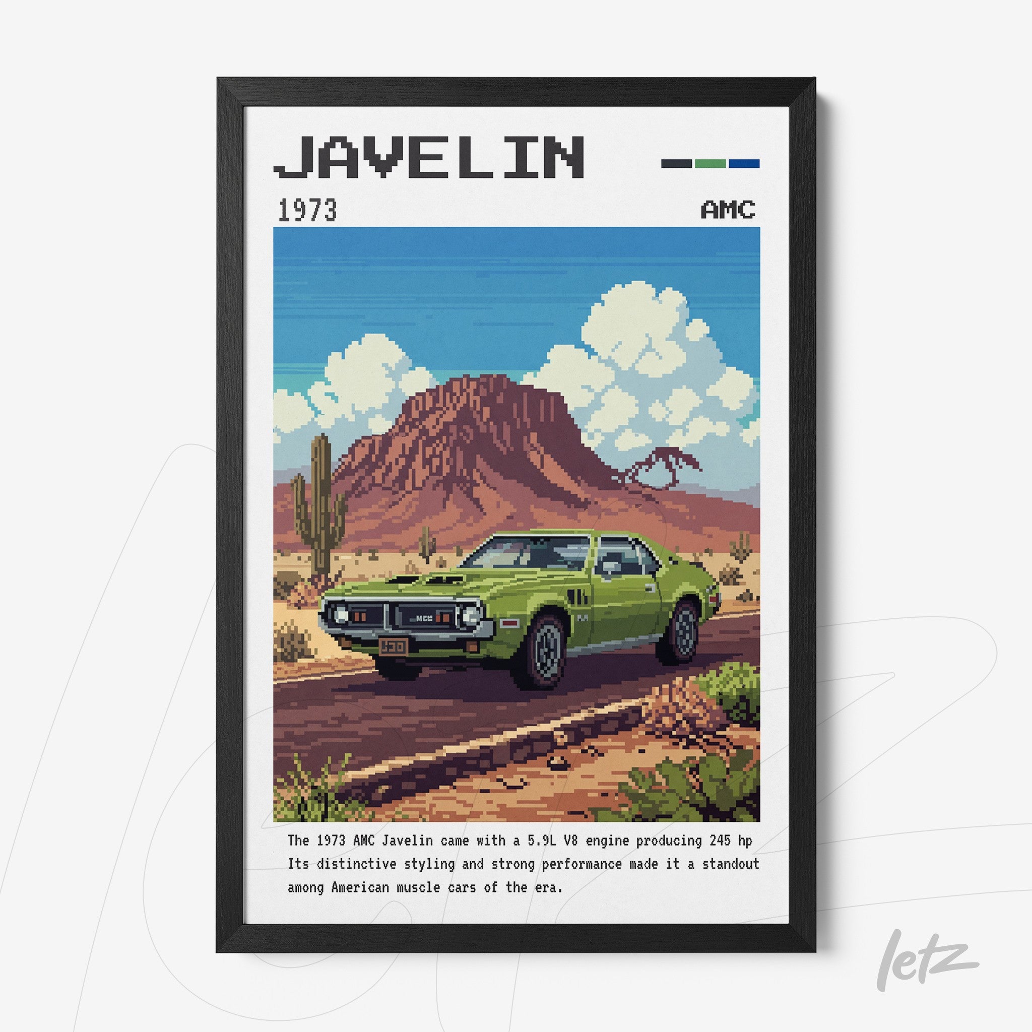 quadro com arte digital de um carro modelo Javelin de 1973 estacionado em um cenário desértico, com moldura preta e elementos pixelados