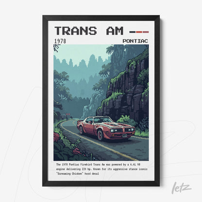 quadro com arte pixelada do carro Pontiac Trans Am em moldura preta, com fundo de montanhas verdes