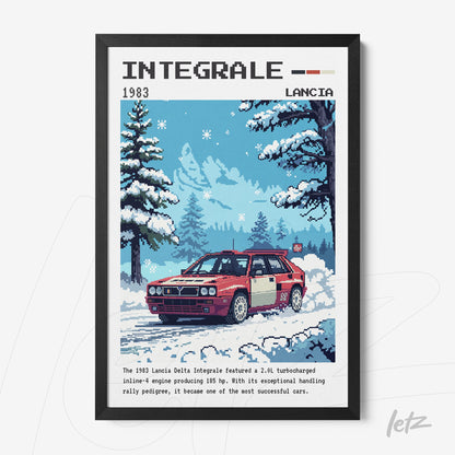 retrato artístico de carro Lancia Delta Integrale em estilo pixel art com moldura preta