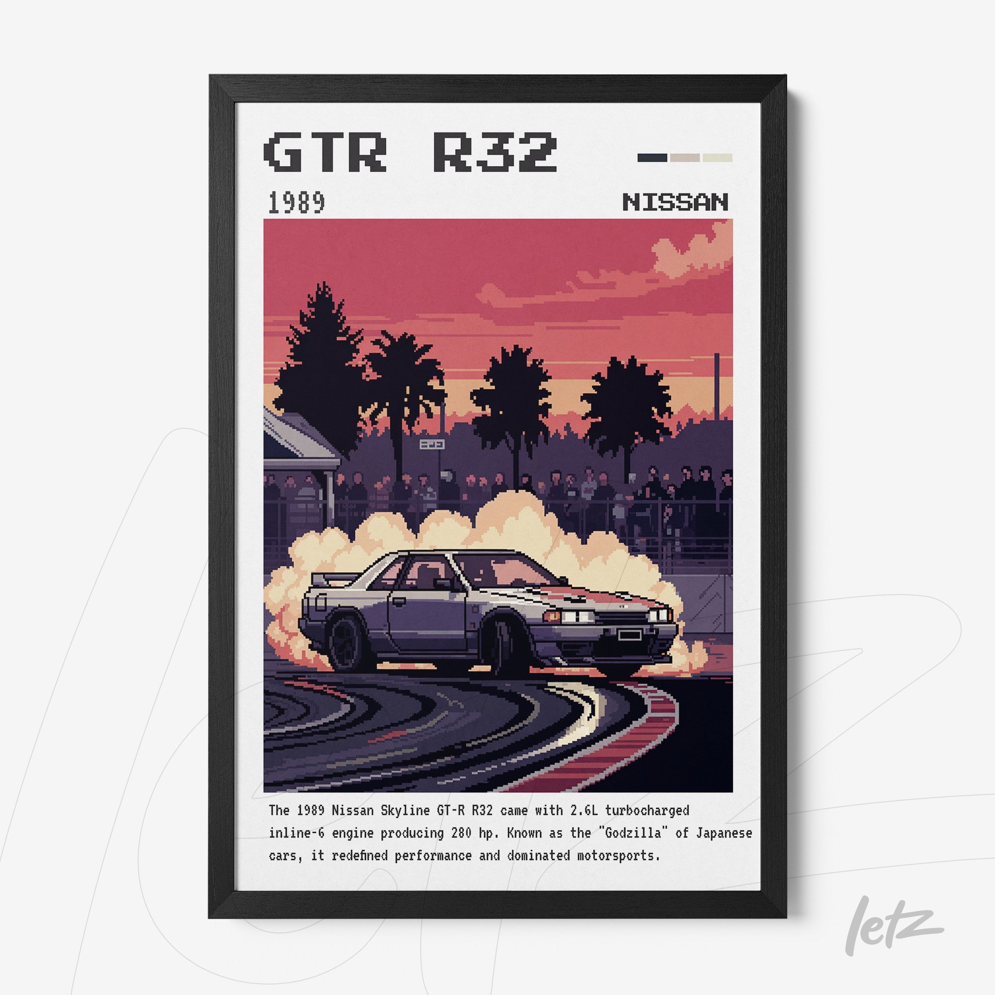 quadro com ilustração digital do Nissan Skyline GT-R R32 em moldura preta, mostrando o carro em uma curva com fumaça e fundo de pôr do sol