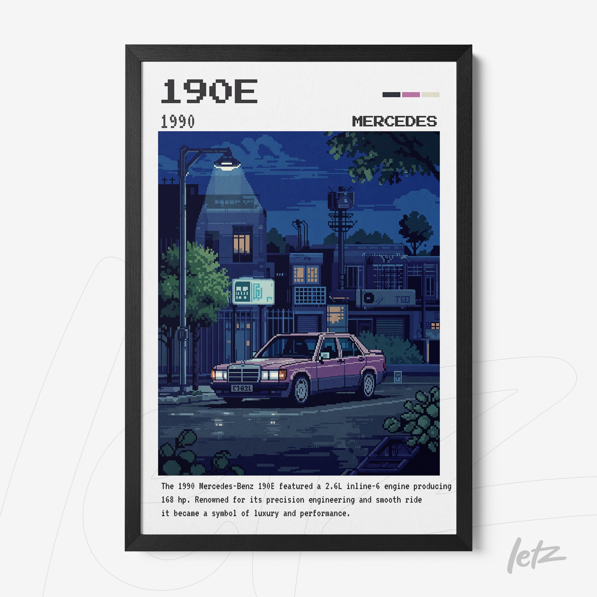 quadro com arte digital do carro Mercedes-Benz 190E com estilo pixel art em moldura preta