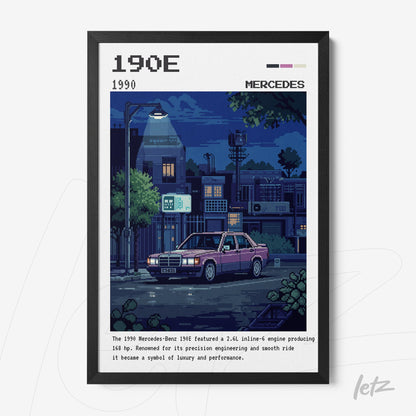quadro com arte digital do carro Mercedes-Benz 190E com estilo pixel art em moldura preta