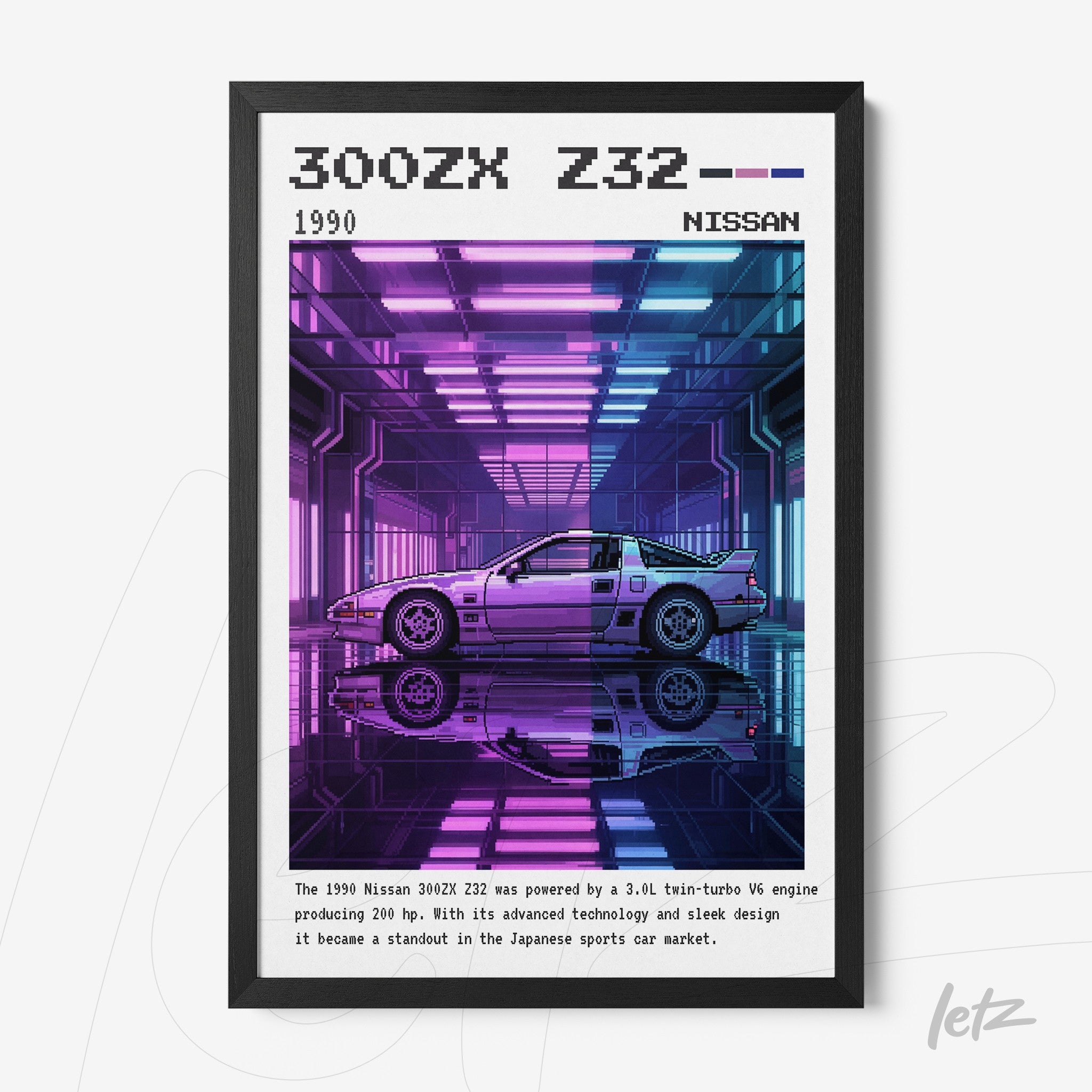 quadro com arte retro de um carro Nissan 300ZX Z32 em moldura preta, com fundo neon em tons de roxo e azul