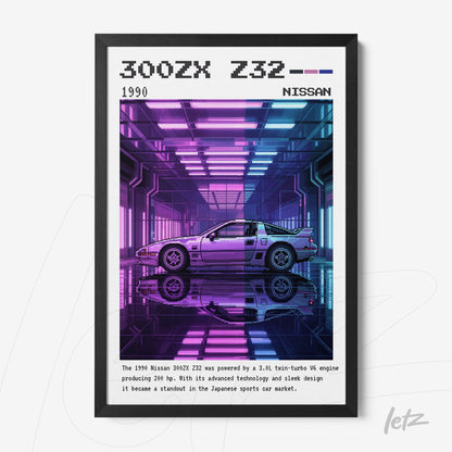 quadro com arte retro de um carro Nissan 300ZX Z32 em moldura preta, com fundo neon em tons de roxo e azul