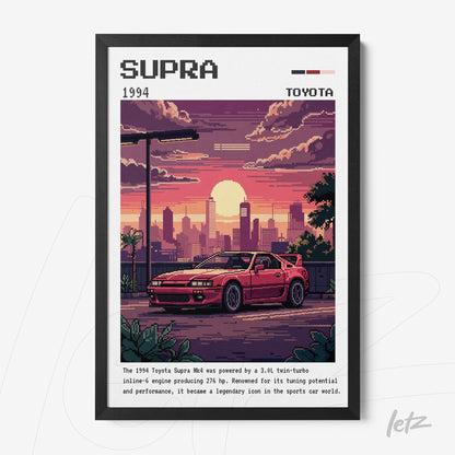 quadro digital com arte retrô de um carro Toyota Supra 1994 em cenário urbano ao pôr do sol com moldura preta