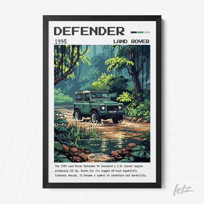 quadro com ilustração retrô de um carro Land Rover Defender em uma paisagem natural, moldura preta