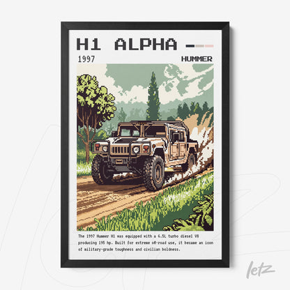 quadro com arte retrô do veículo Hummer H1 de 1997 em moldura preta
