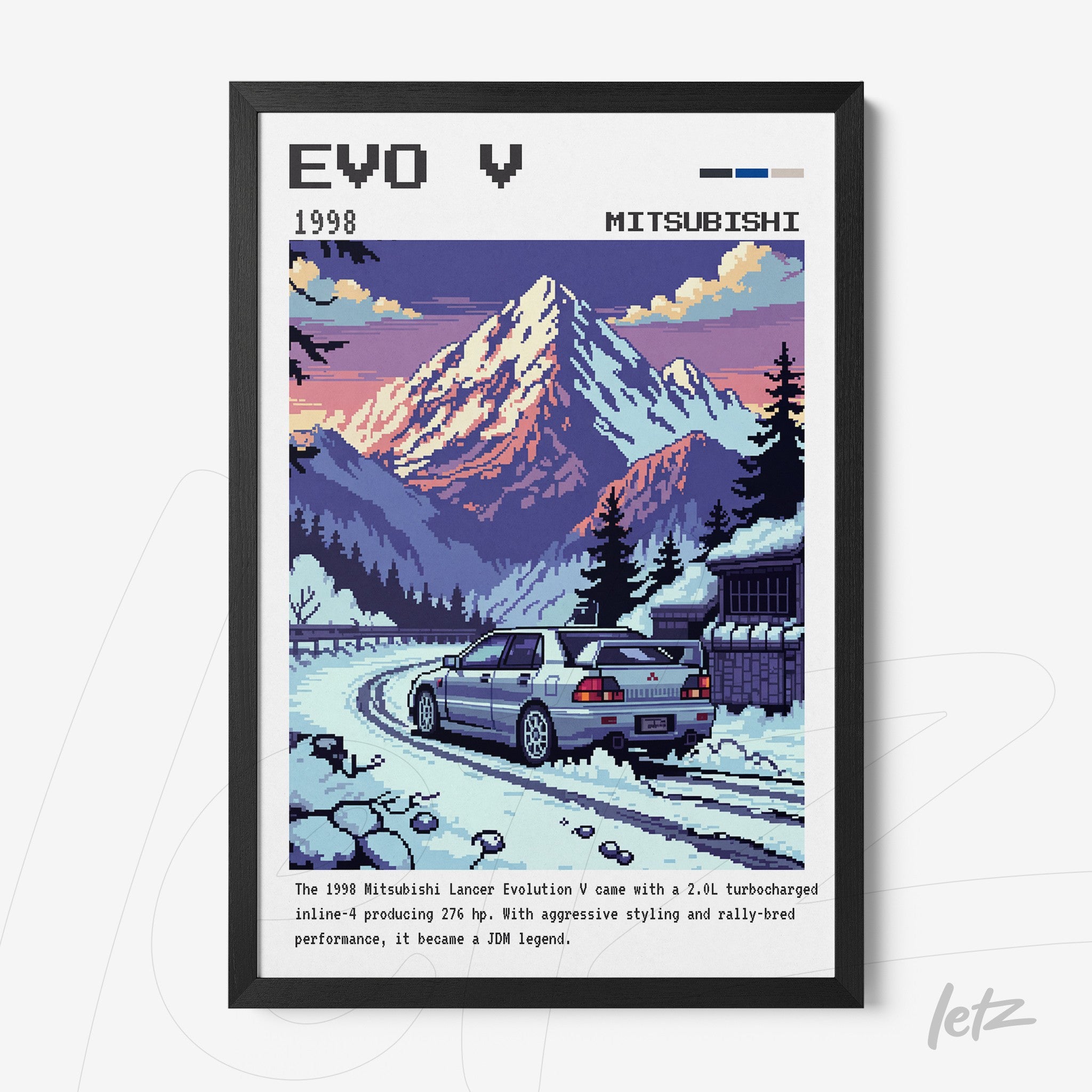 quadro com arte pixelada representando um Mitsubishi Lancer Evolution V em uma paisagem montanhosa com céu colorido e estilo retrô