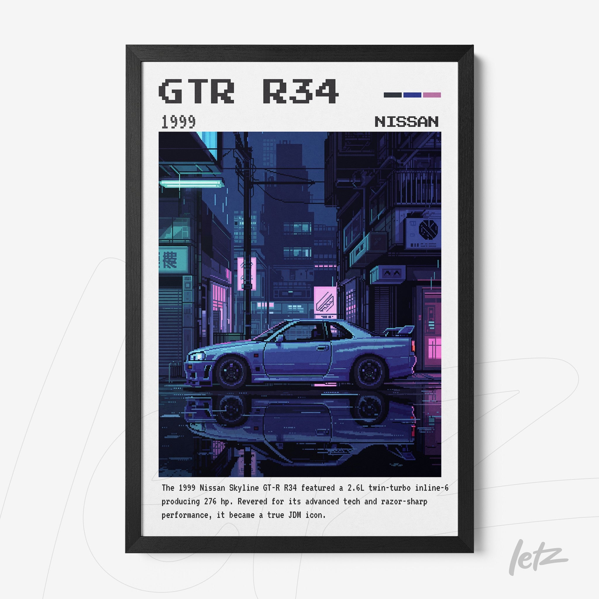 quadro com arte digital do carro Nissan GTR R34 em cores vibrantes e moldura preta