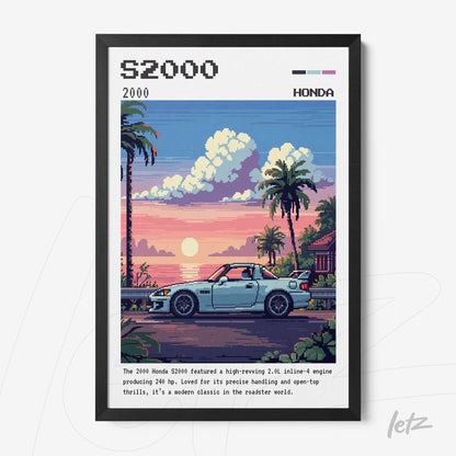 quadro com arte em pixel art de um carro esportivo Honda S2000 em uma paisagem tropical com palmeiras