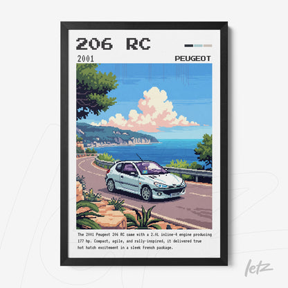 quadro com arte digital do carro Peugeot 206 RC em um cenário costeiro, moldura preta fina com detalhes em verde e azul