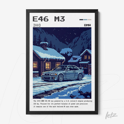 quadro emoldurado com arte pixelada de um BMW E46 M3 em um cenário de inverno com neve e uma casa de madeira