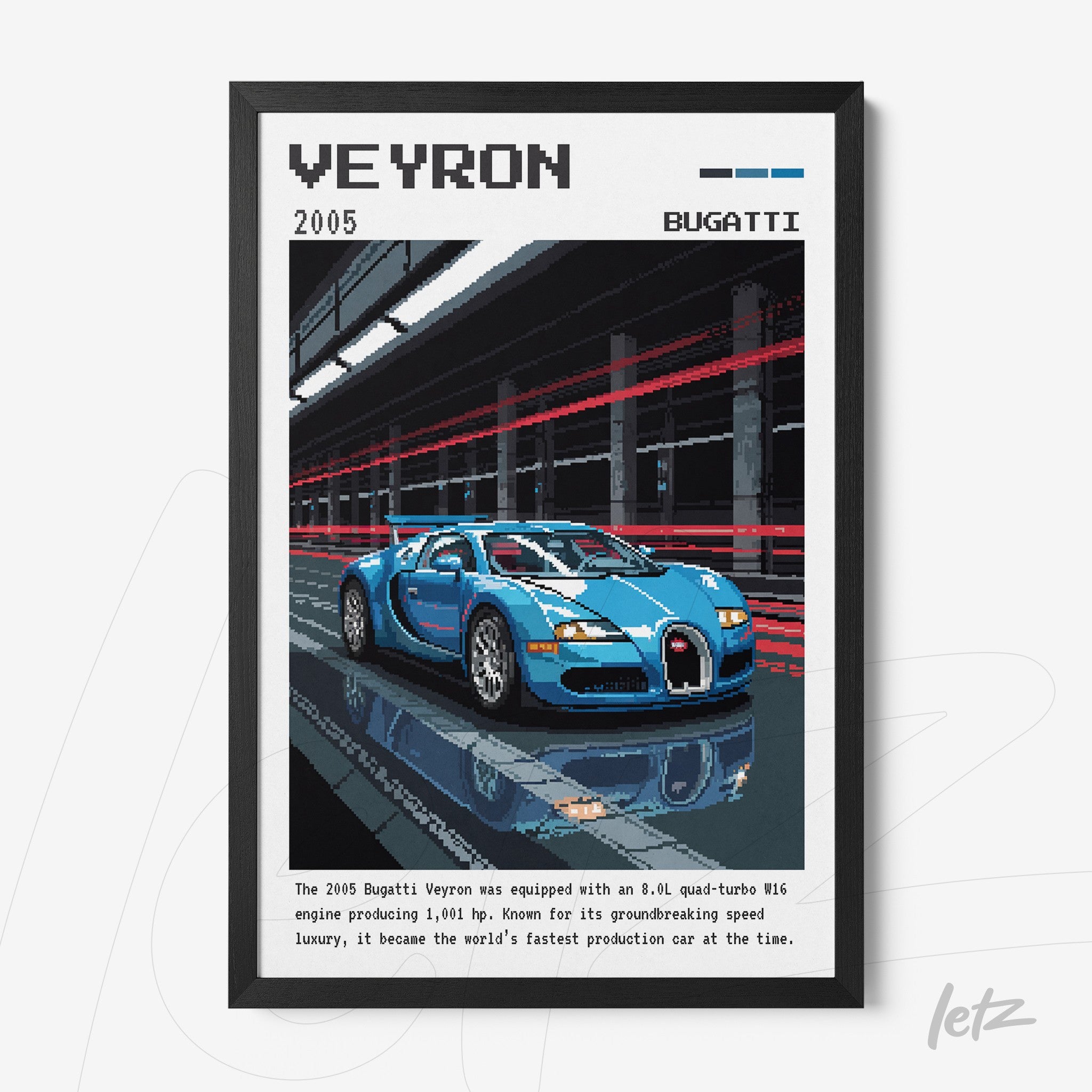 quadro decorativo com arte de carro Bugatti Veyron em estilo pixelado, moldura preta e fundo urbano com luzes em movimento