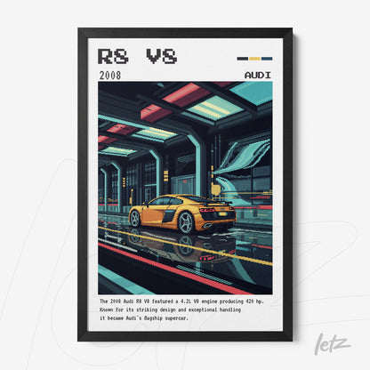 quadro emoldurado com ilustração pixel art do carro Audi R8 V8 de cor laranja em ambiente futurista