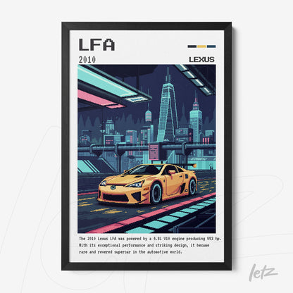 quadro com arte pixelizada do carro Lexus LFA 2010 em moldura preta