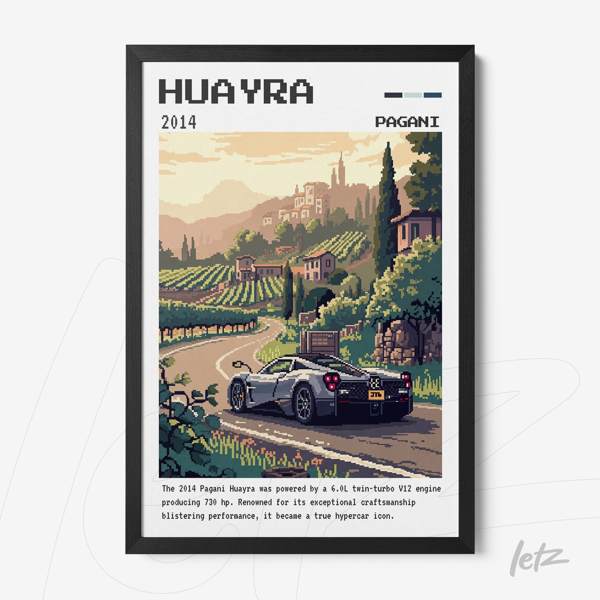 quadro com arte em pixels do supercarro Pagani Huayra em uma paisagem rural italiana com vinhedos ao fundo, moldura preta