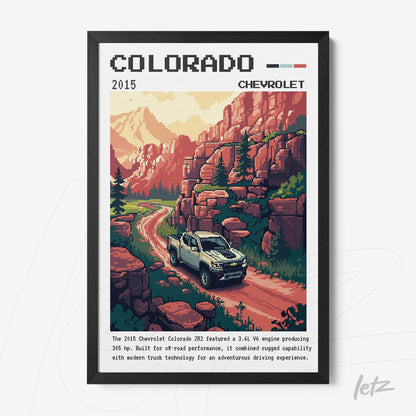 quadro com arte em estilo retrô do carro Chevrolet Colorado em uma estrada montanhosa, moldura preta