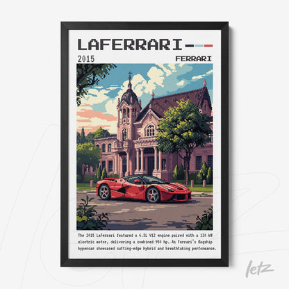 quadro emoldurado com arte digital do carro Ferrari LaFerrari em estilo pixel art, exibido em frente a uma mansão clássica