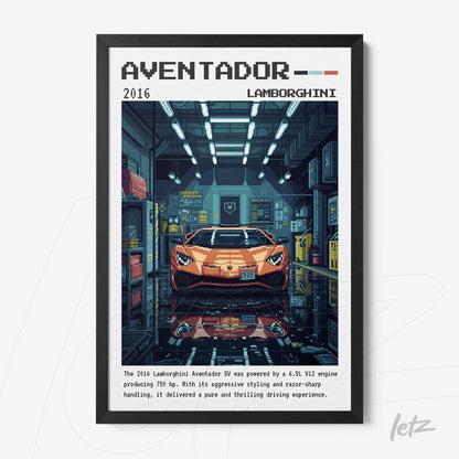 quadro com arte pixelada de um Lamborghini Aventador em um cenário de garagem com moldura preta