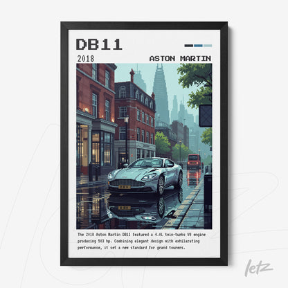 quadro com arte pixelada de carro Aston Martin DB11 em fundo urbano chuvoso, moldura preta