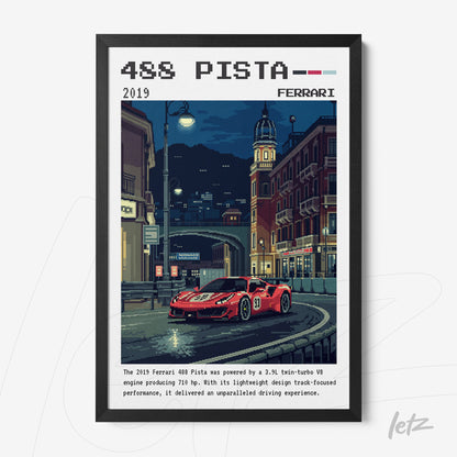 quadro com arte digital em estilo pixelado do carro Ferrari 488 Pista em um cenário noturno com cidade ao fundo, moldura preta
